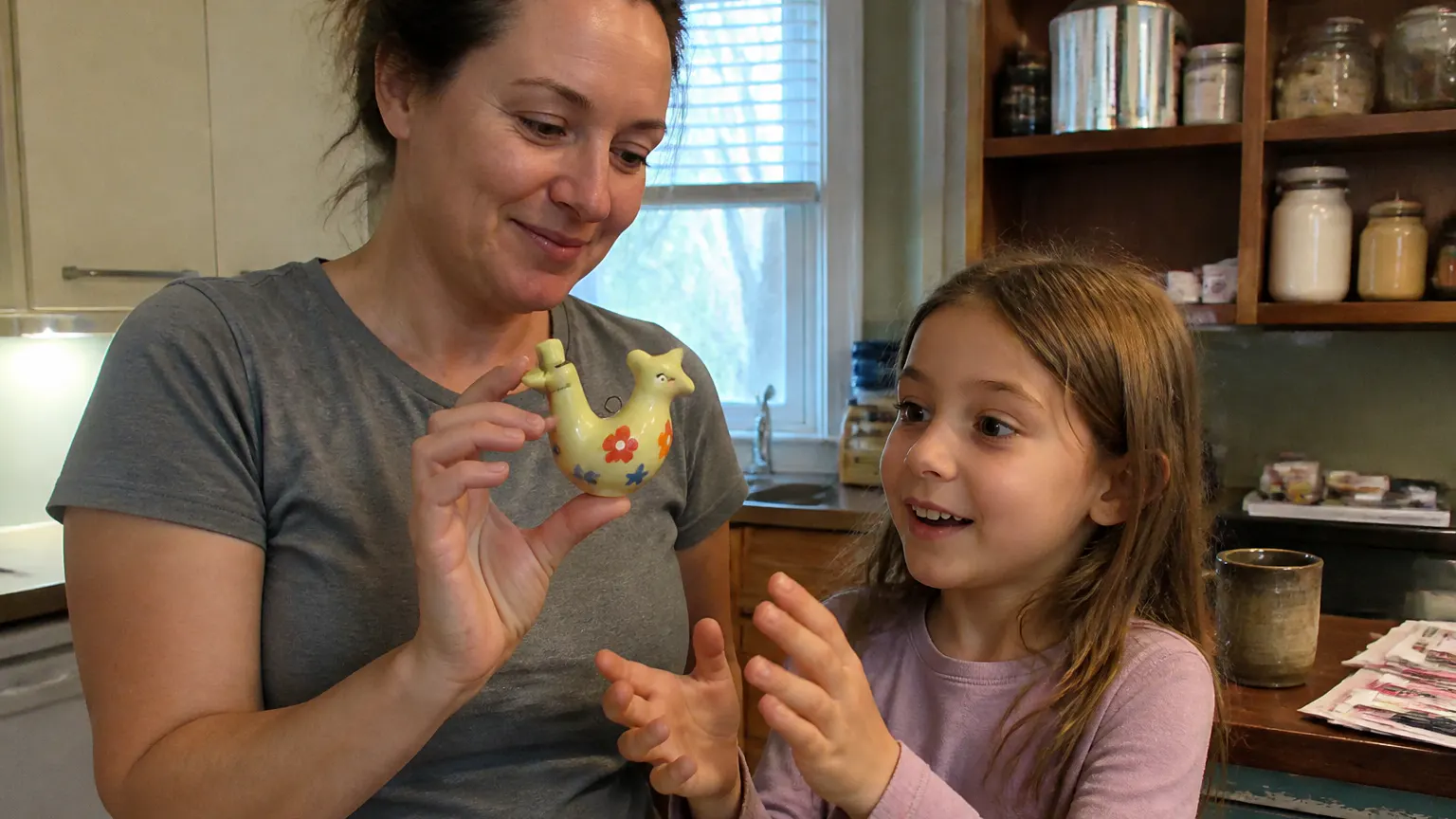 The ceramic bird handed over at a warm table, the recipient mid-laugh a second after blowing it