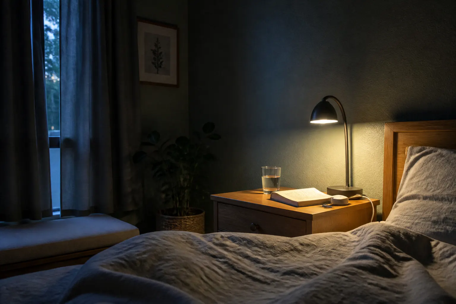 Ventra clipped to a headboard at night, quiet and settled