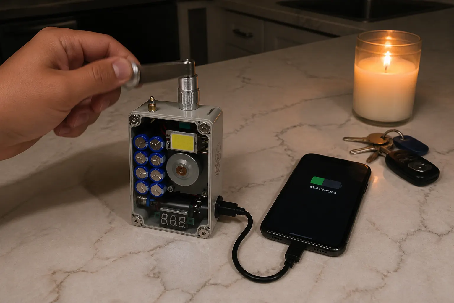 A phone connected to Ventra by USB showing a charging icon