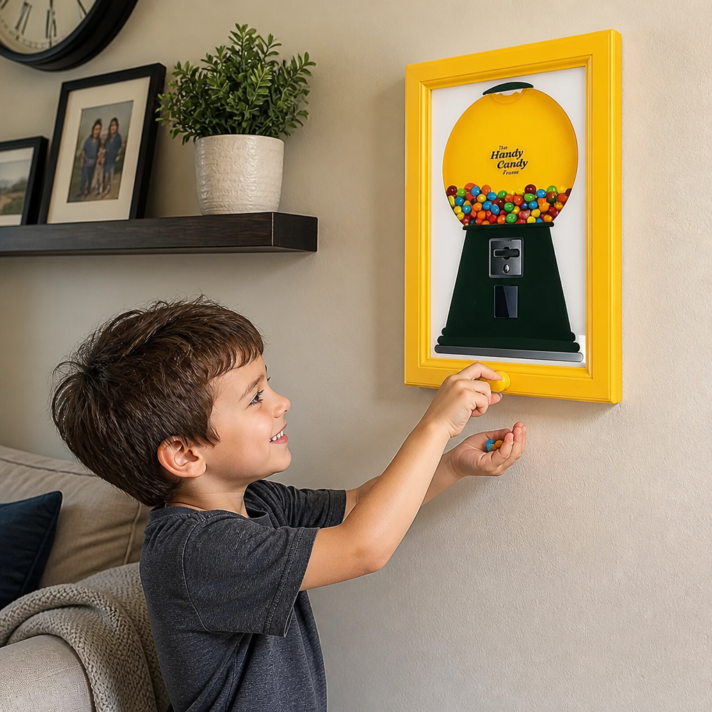 Candy dispenser picture frame on a wall with a hand catching candy