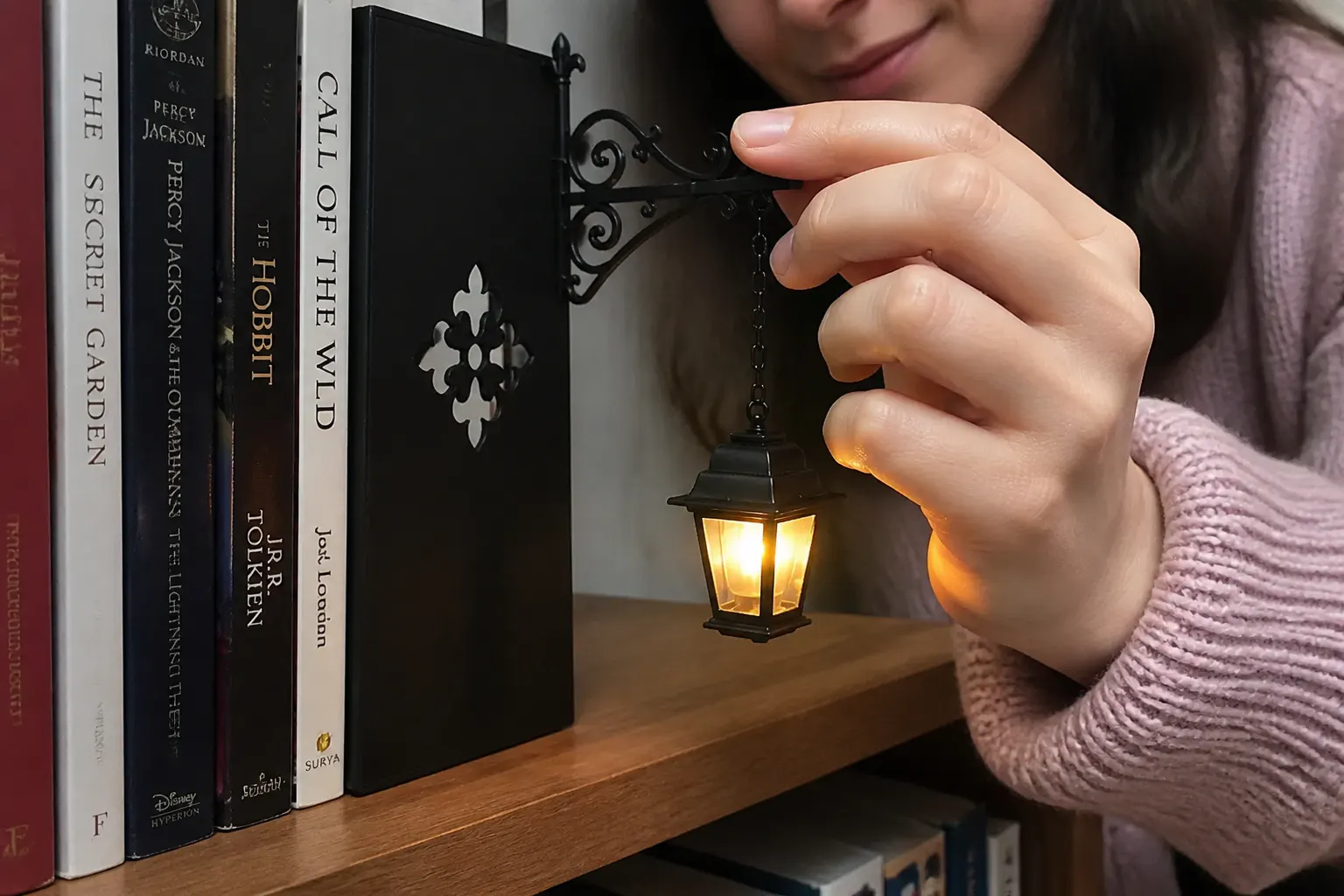 Customer's cozy shelf with the lantern glowing