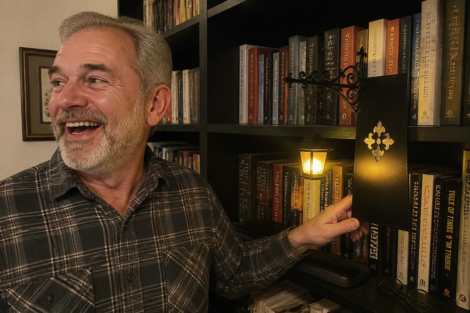 Customer's cozy shelf with the lantern glowing
