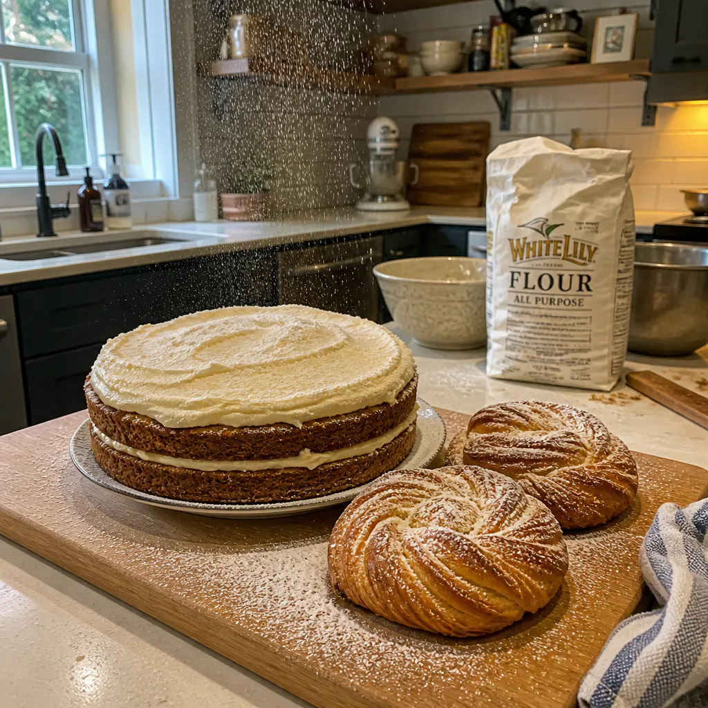 The first even dust settling over a cake in a warm home kitchen