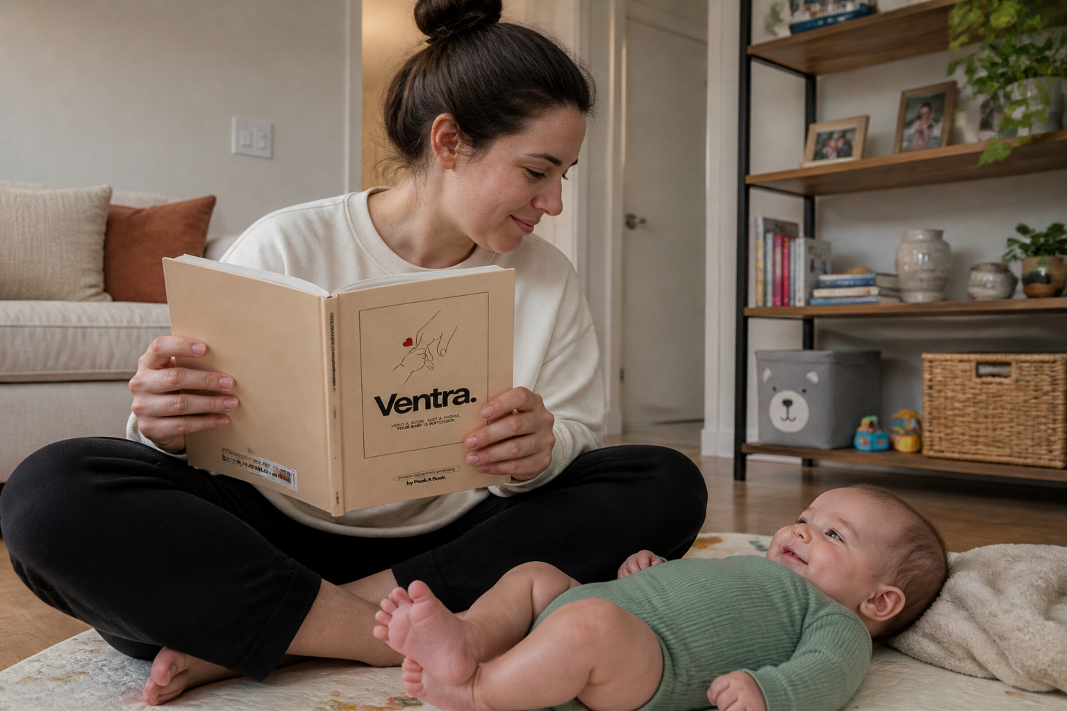 Parent holding the open book in a natural reading posture
