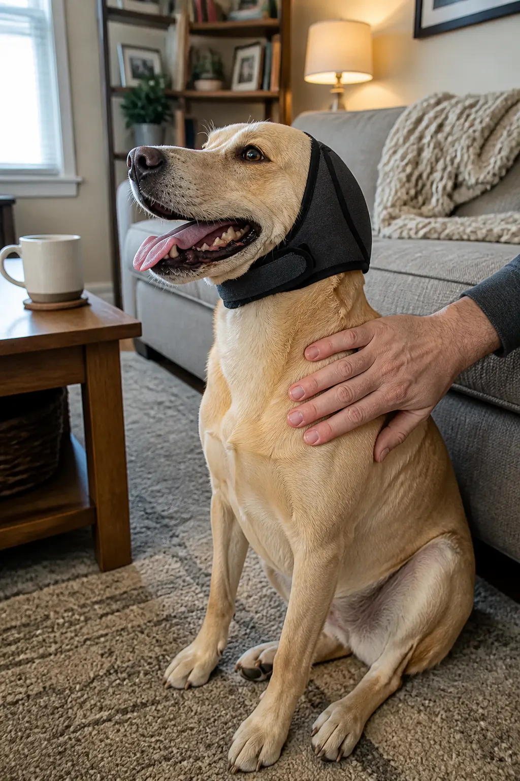 Small, medium and large dogs all wearing the calming muffs