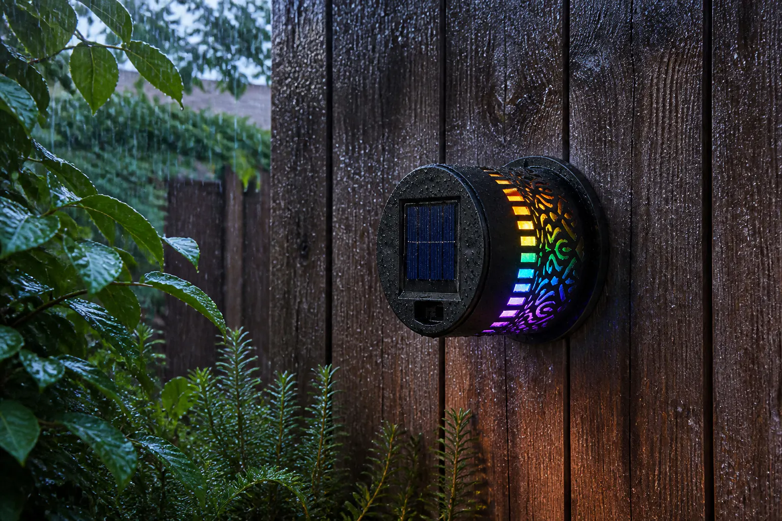 The light glowing on a fence in the rain