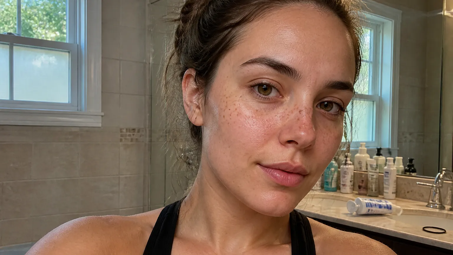 The wave-shaped freckle sheet held against a cheek to show it follows the natural arc