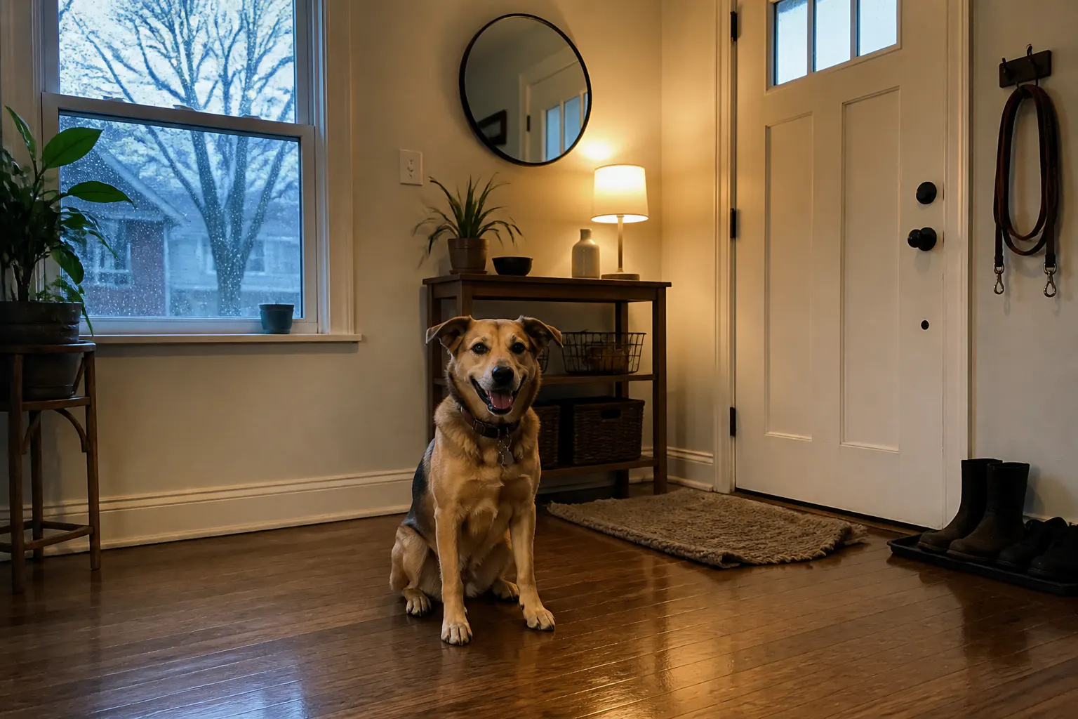A calm dog resting on a clean floor inside