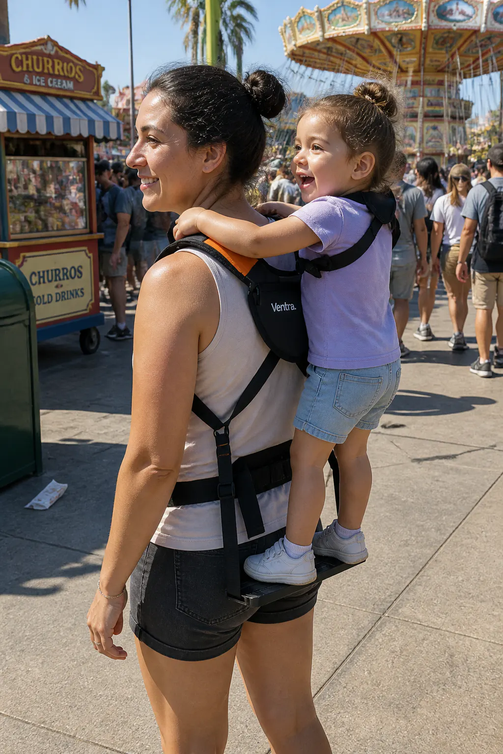 Parent in a theme-park line with child riding