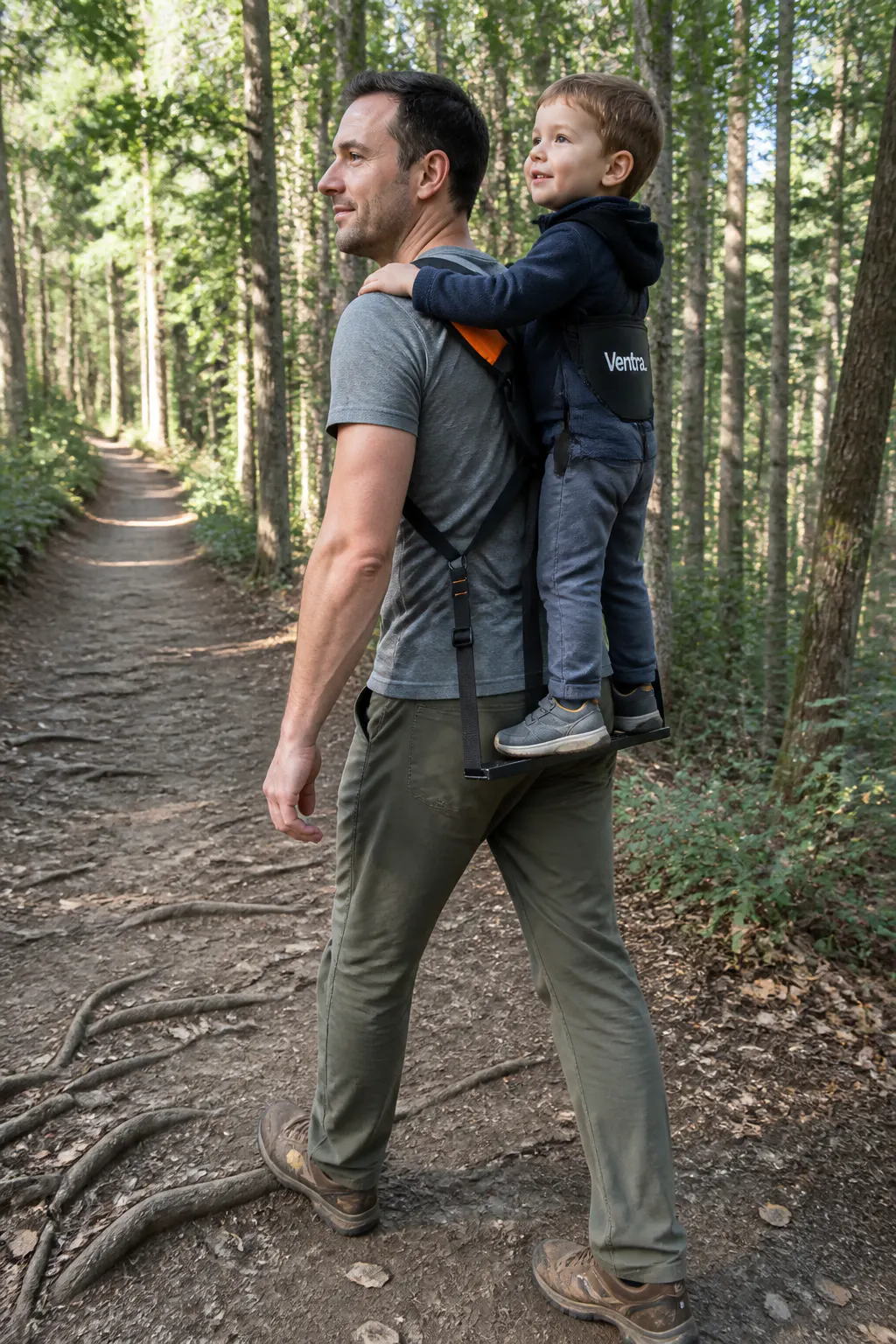 Parent hiking with child riding