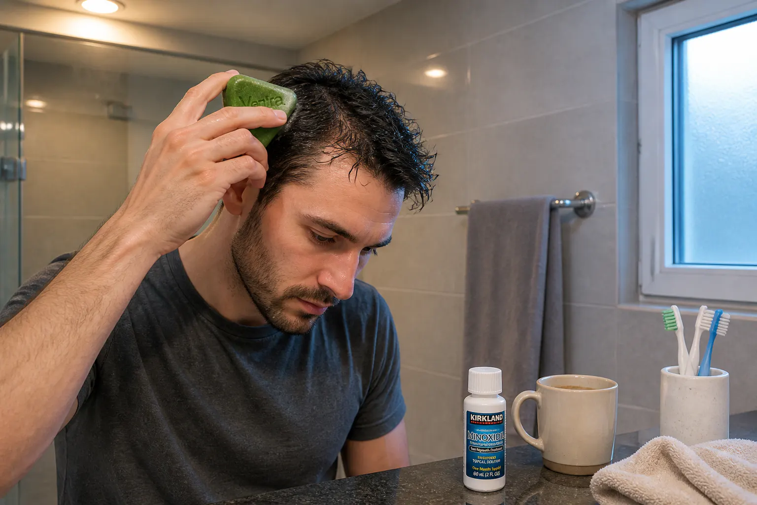 Ventra green bar next to a minoxidil bottle