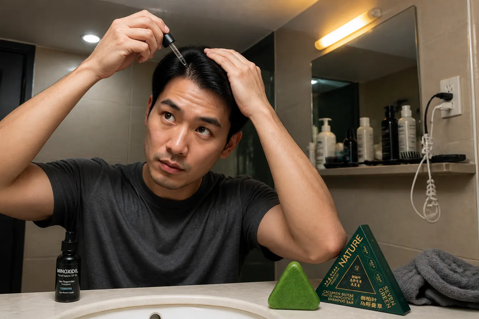 Man rubbing the green herbal bar into his scalp in the shower