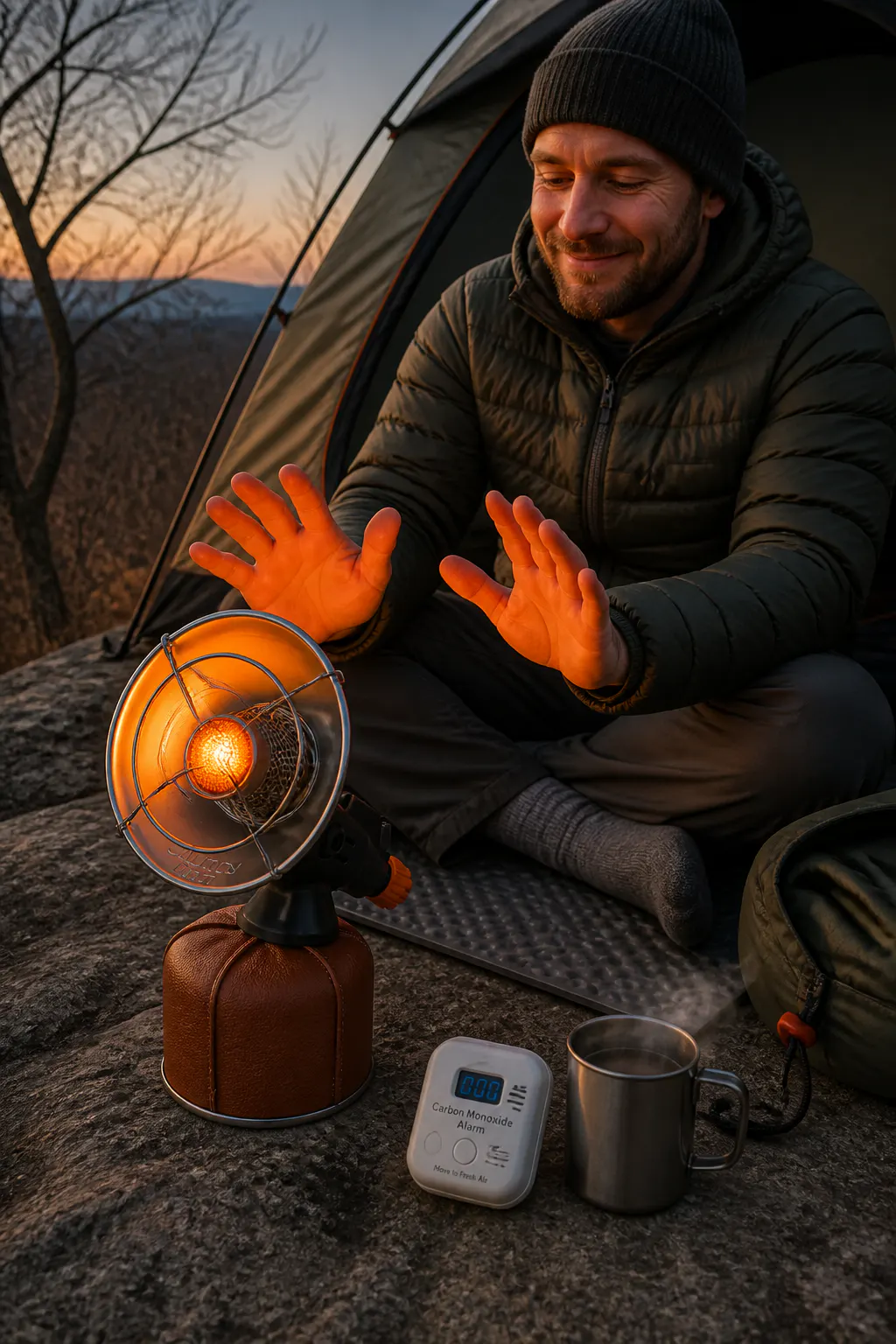 The Ventra heater set on a stable hard surface with a CO detector nearby, tent flap open for ventilation