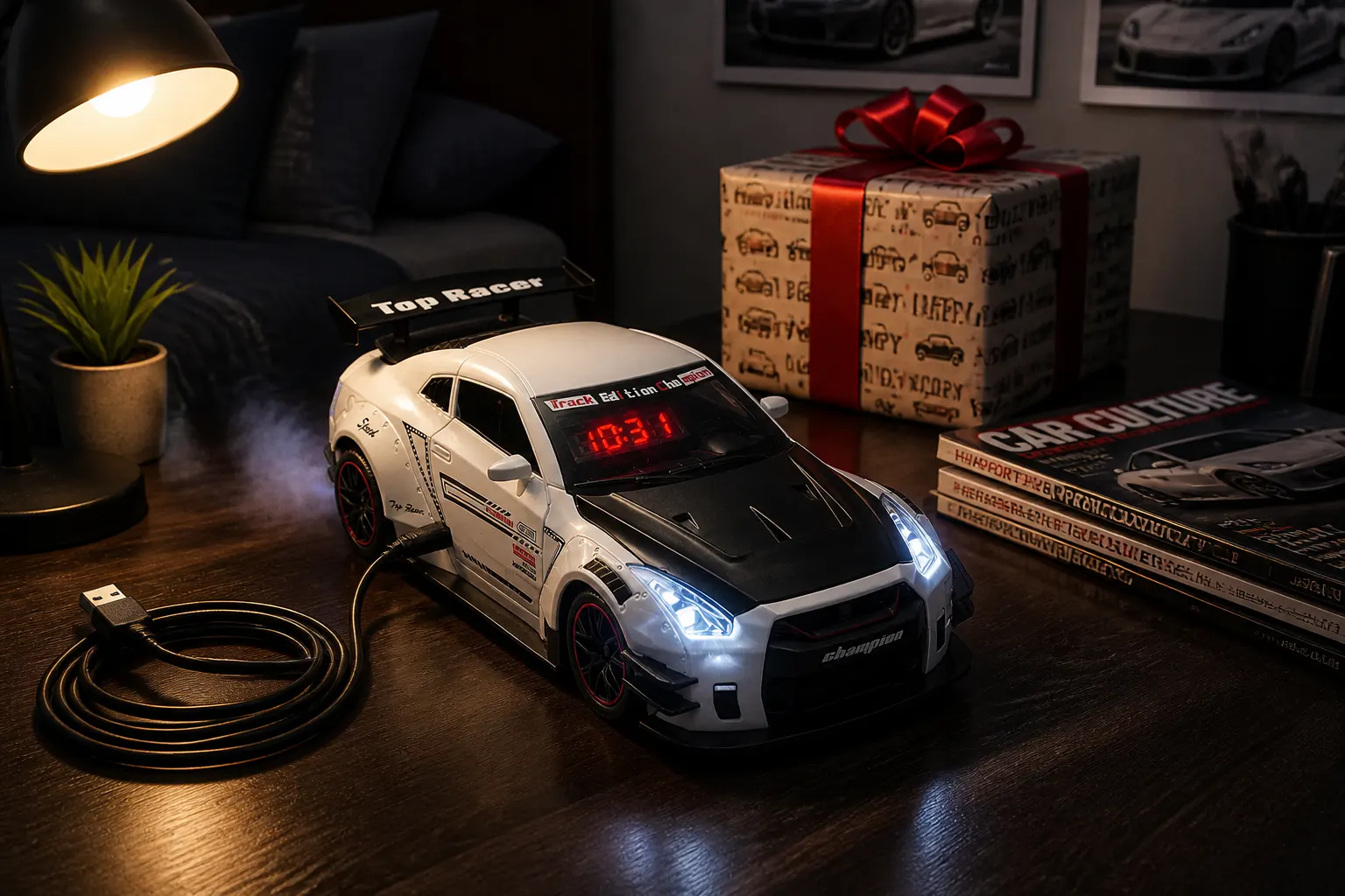 GT-R alarm clock glowing red with mist rising