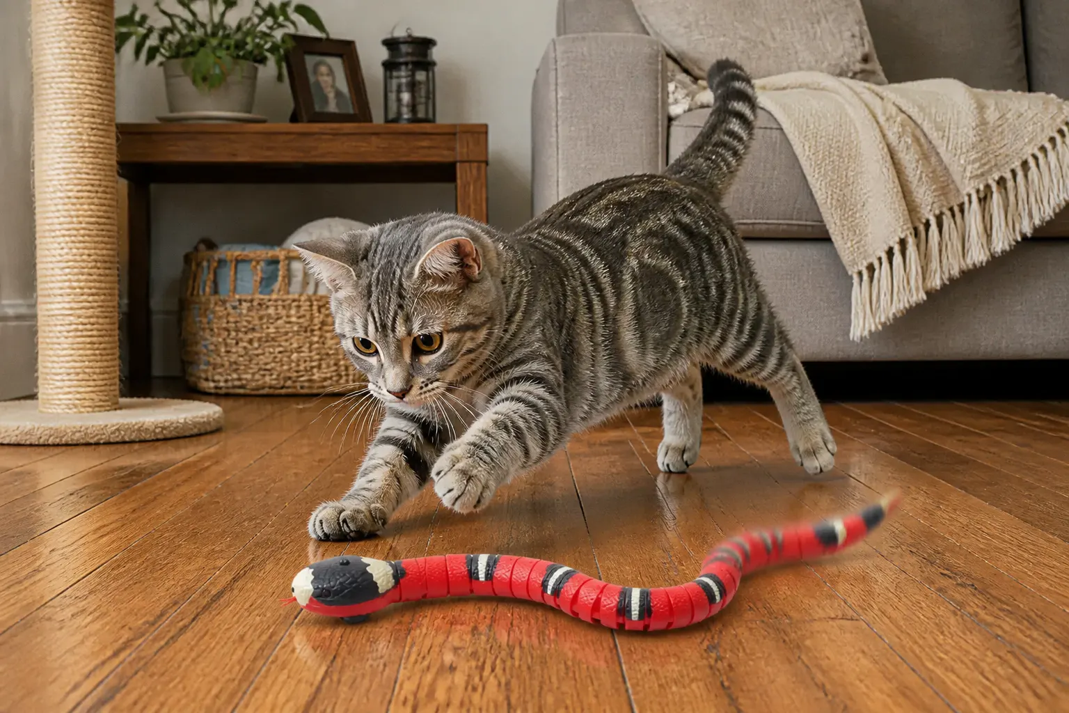 Cat chasing the Ventra snake toy across a hardwood floor
