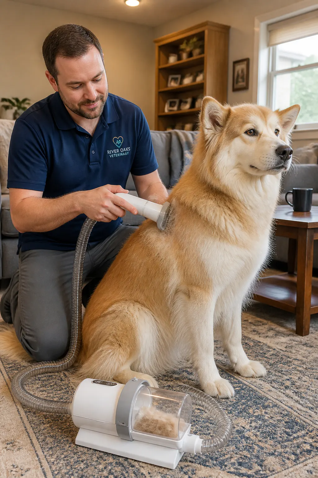Veterinarian presenting the grooming vacuum alongside a calm pet