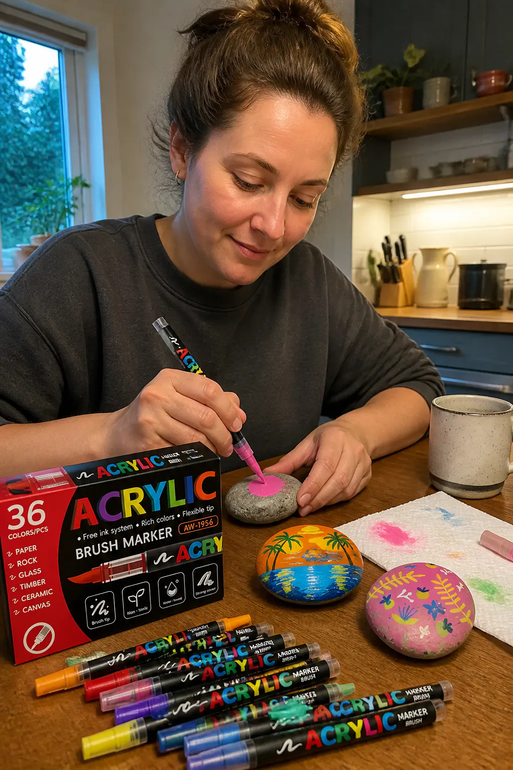 Full spectrum of opaque brush-tip colors on a dark rock surface