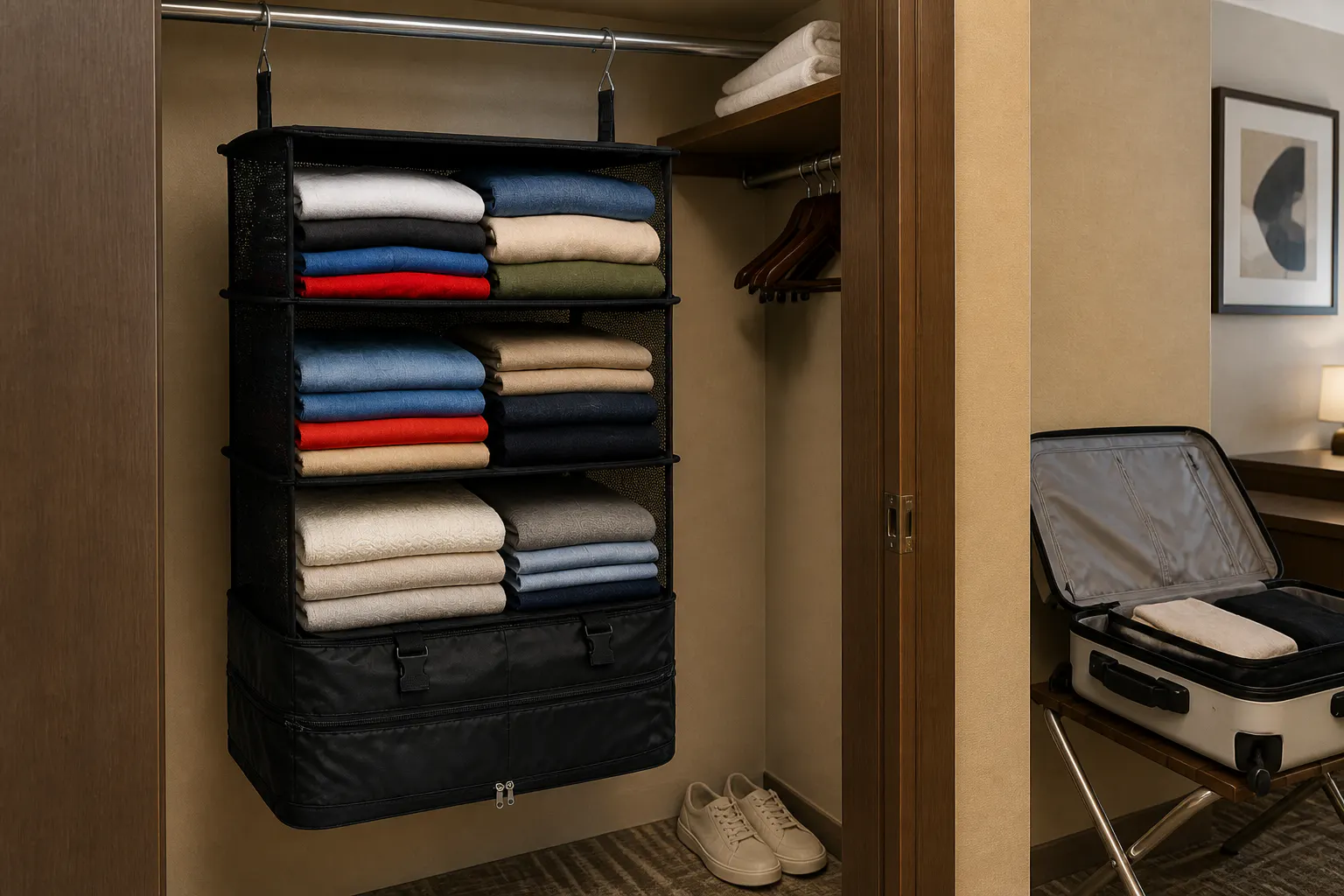 The zippered bottom compartment holding shoes below the clothing shelves