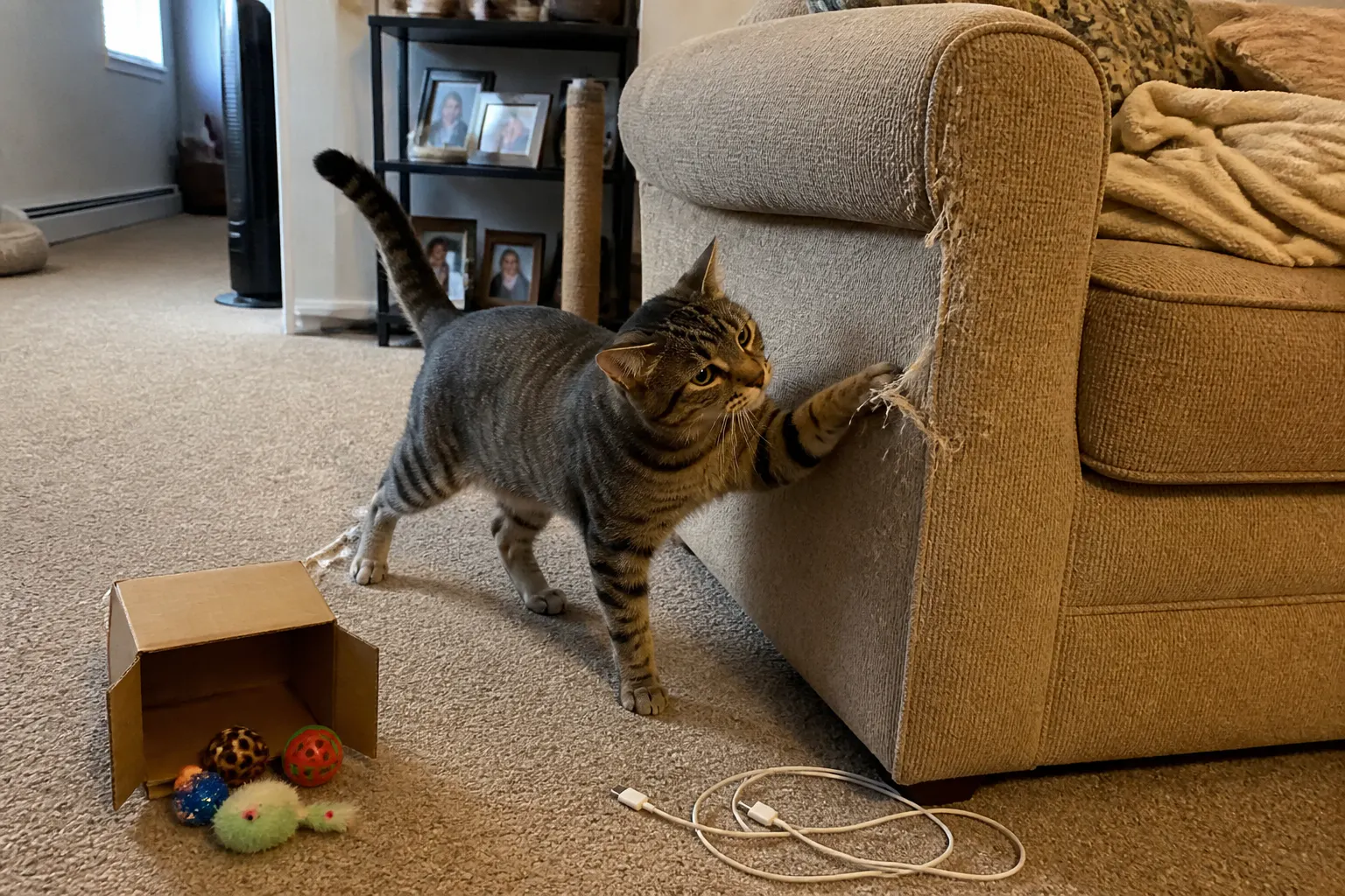 A bored indoor cat beside a chewed cable and a drawer of ignored toys