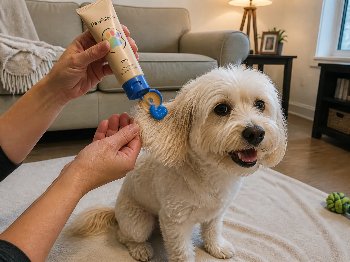 Squeezing colored paste onto a light-coated dog