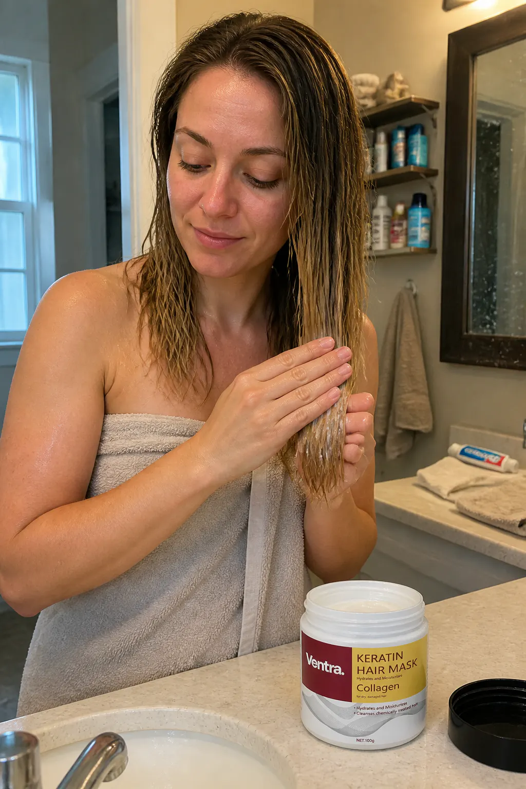 Hands working the cream hair mask through wet damaged hair