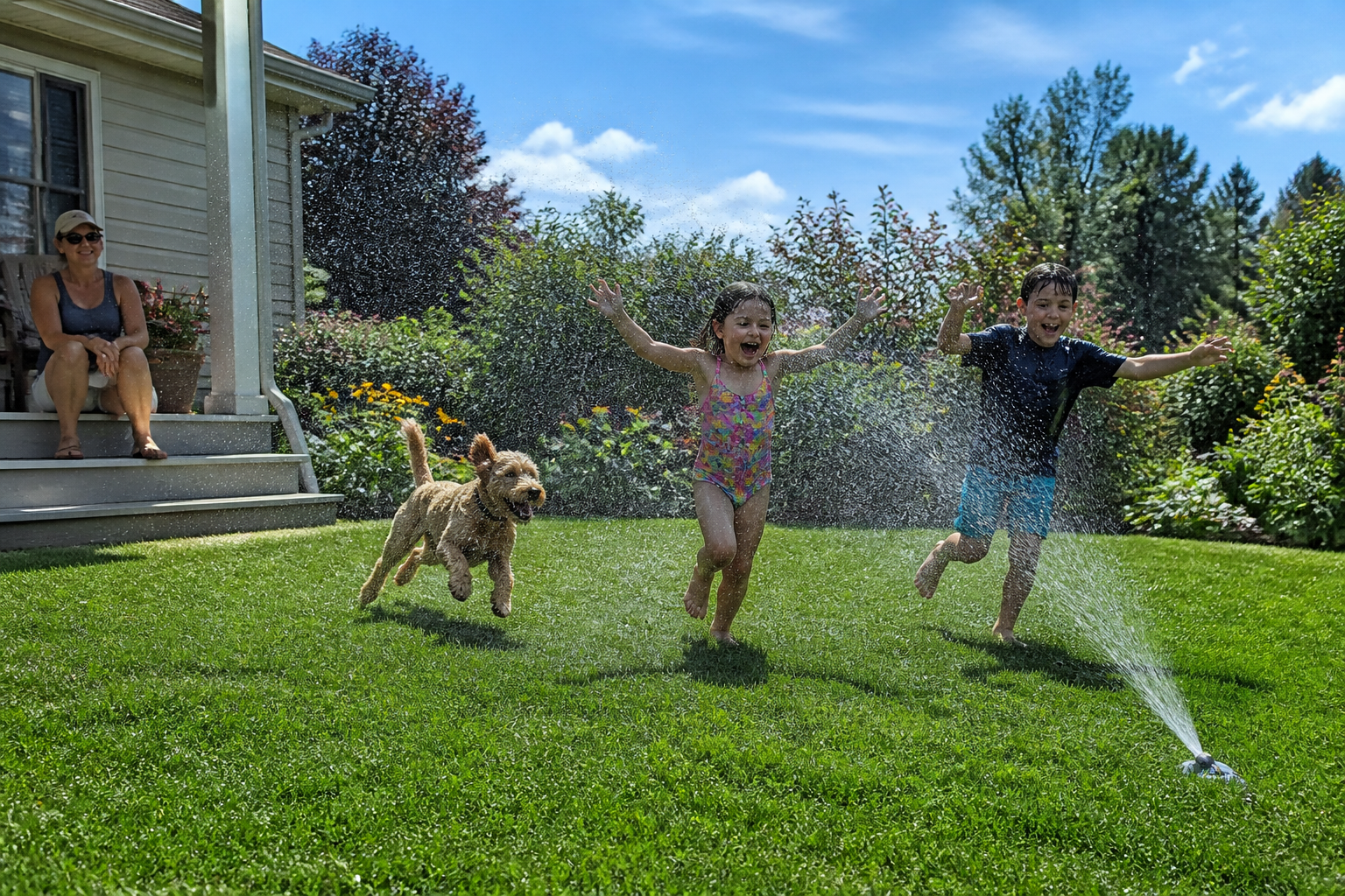 A parent watching their kids and dog play in the dancing flower sprinkler on a sunny backyard afternoon