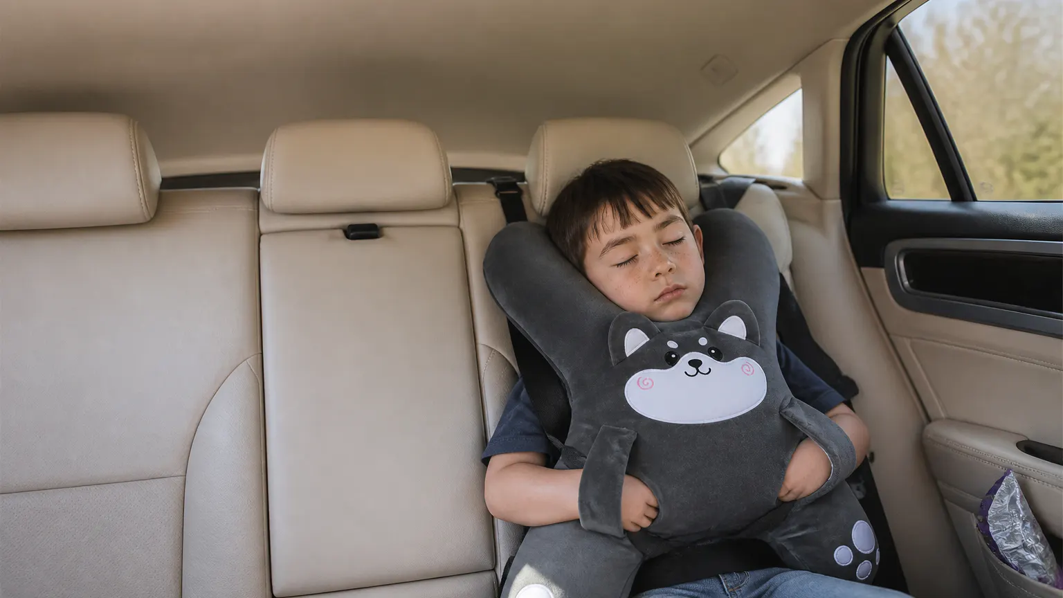 A child sleeping soundly in a car seat, head upright and supported