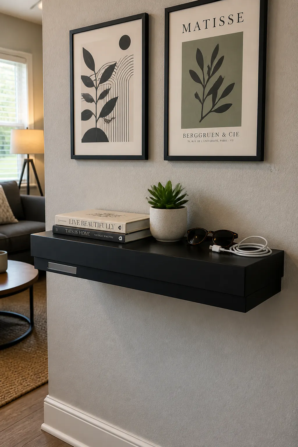 Ventra shelf styled with décor in a real room, closed and undetectable