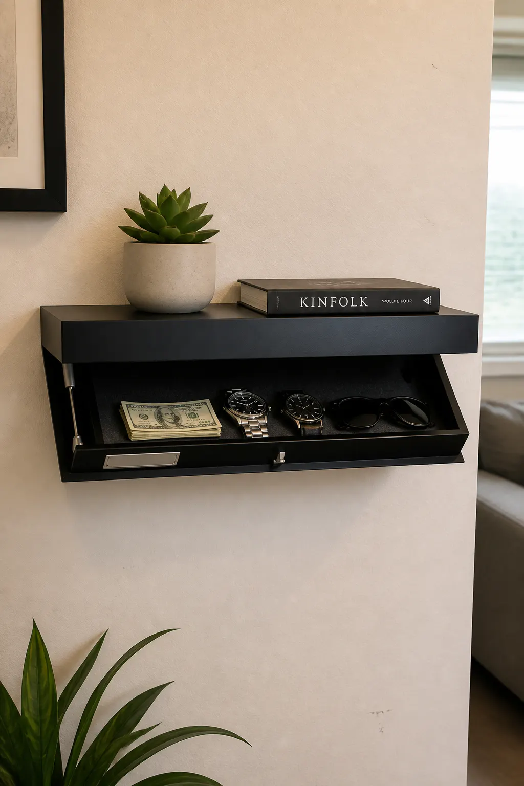 The hidden felt-lined drawer open, revealing cash and watches inside