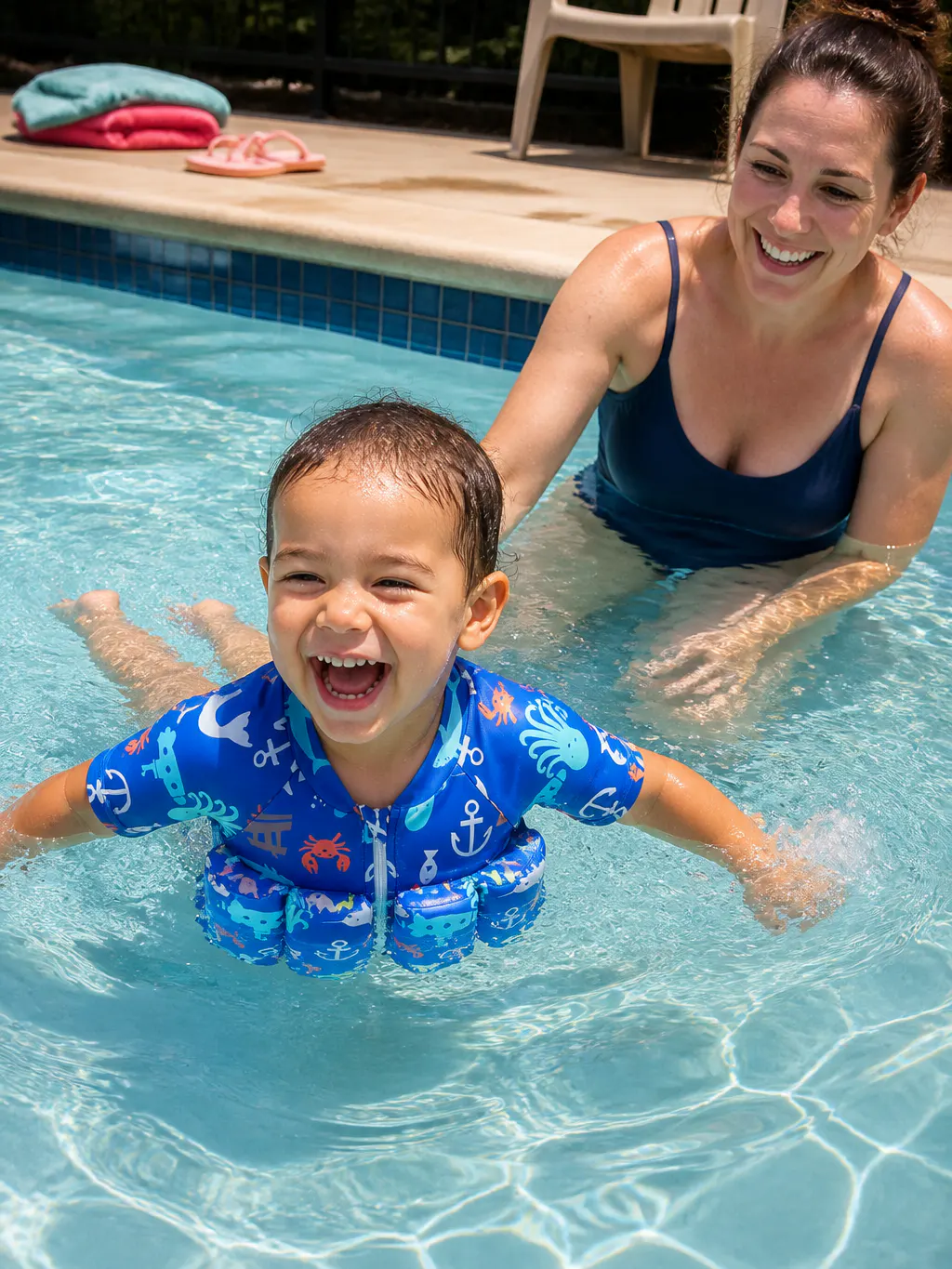 Young child floating unassisted and chest-down in the float suit