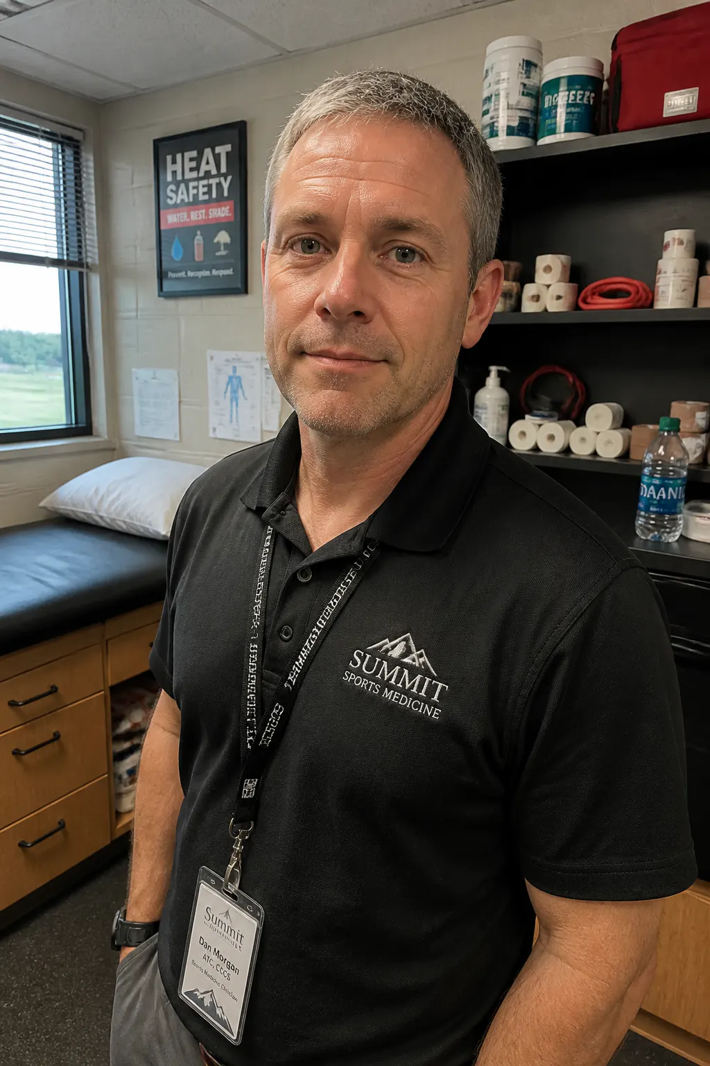 Sports-medicine and heat-safety clinician holding the fan-mist cooling umbrella