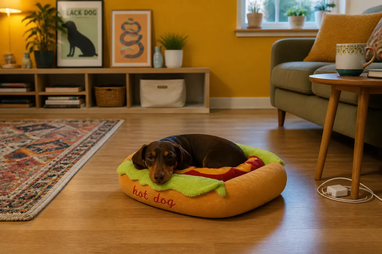 The hot dog bed as a statement piece in a colorful home, pet curled inside