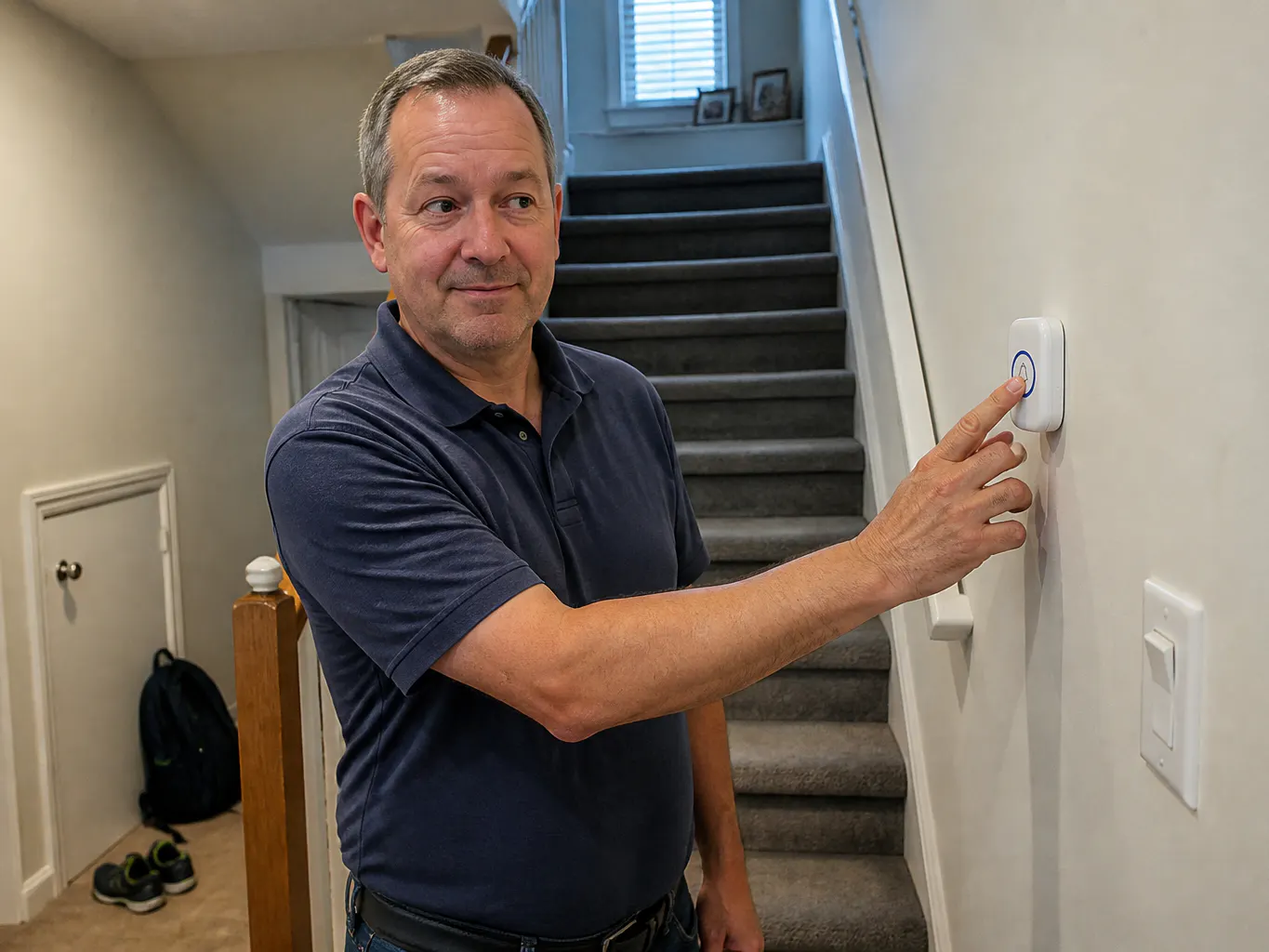 A father's hands pressing the wall button at the foot of the stairs
