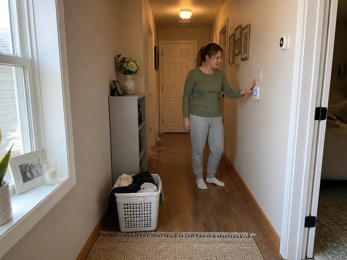 A teenager on an upstairs landing turning toward the flashing chime