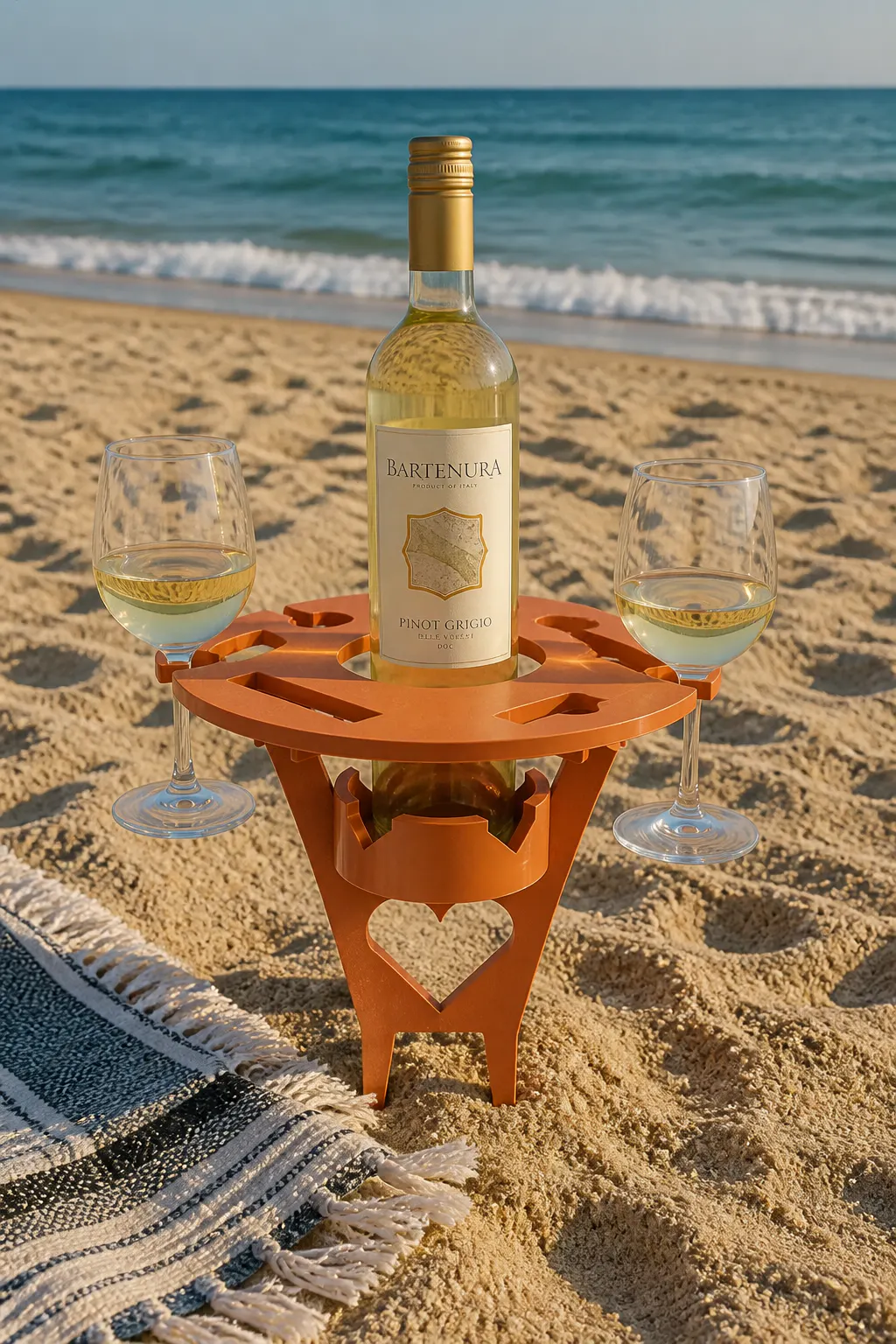 Ventra wine table staked in beach sand holding a bottle and two glasses