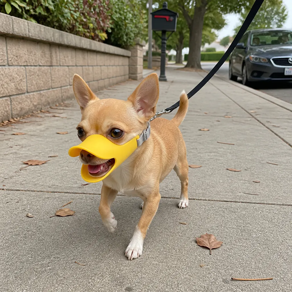 Small dog wearing the yellow silicone duck-bill muzzle on a walk