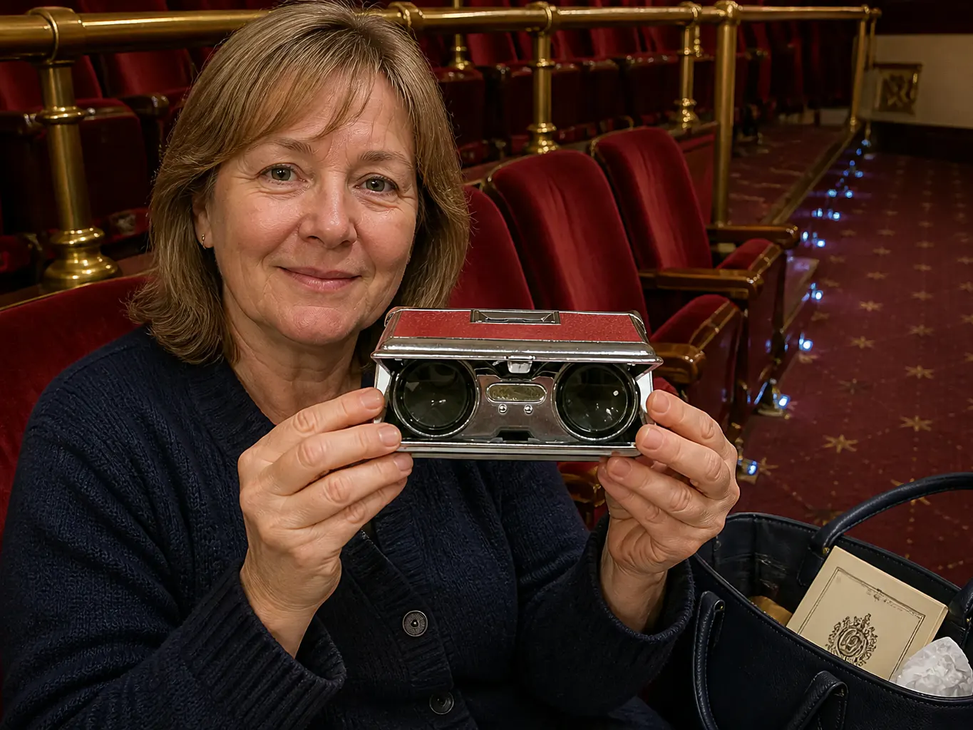 The closed Ventra opera glasses on a marble bar top beside a ticket stub and a clutch