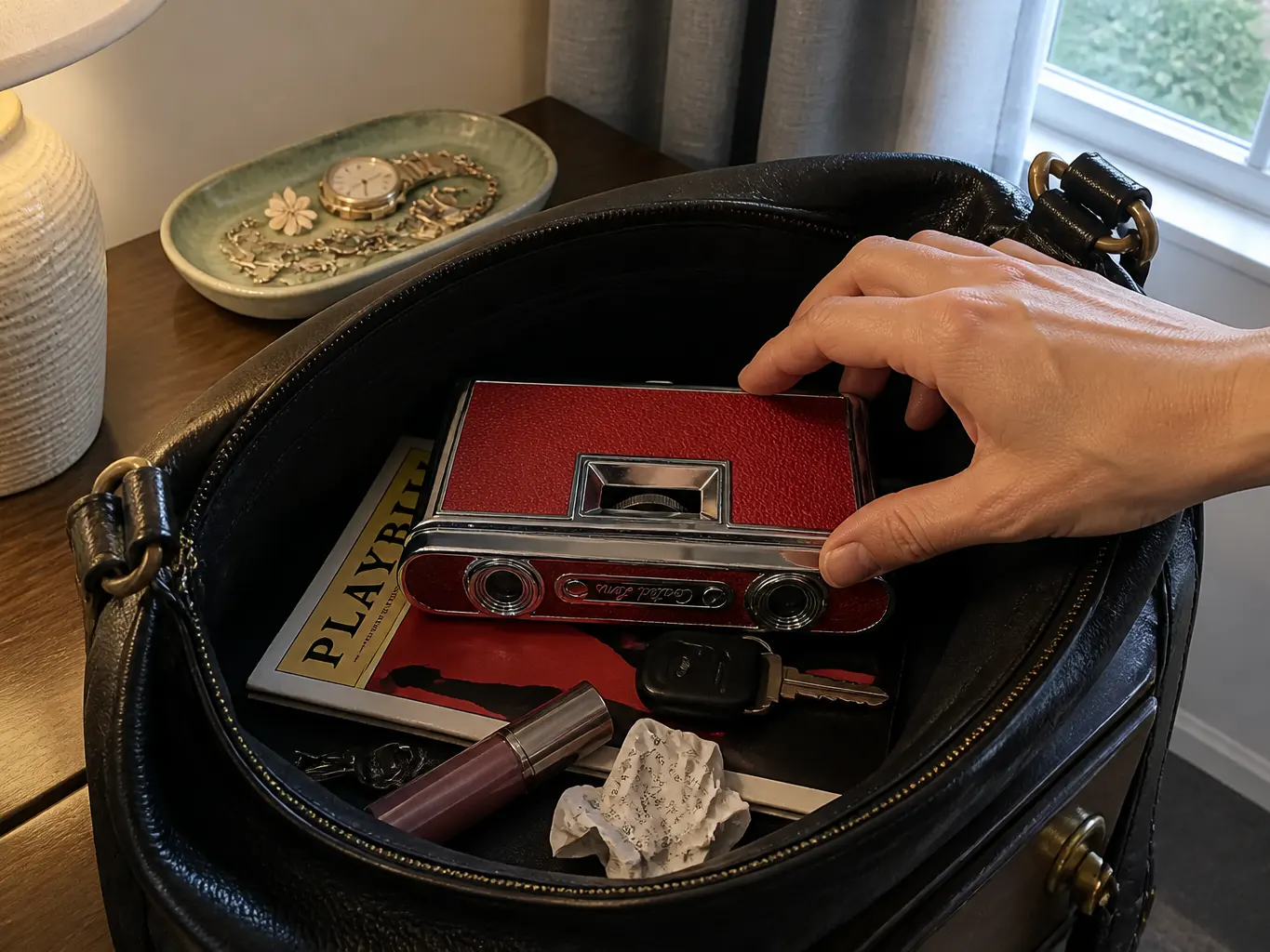 The closed glasses in a coat pocket beside a phone for scale