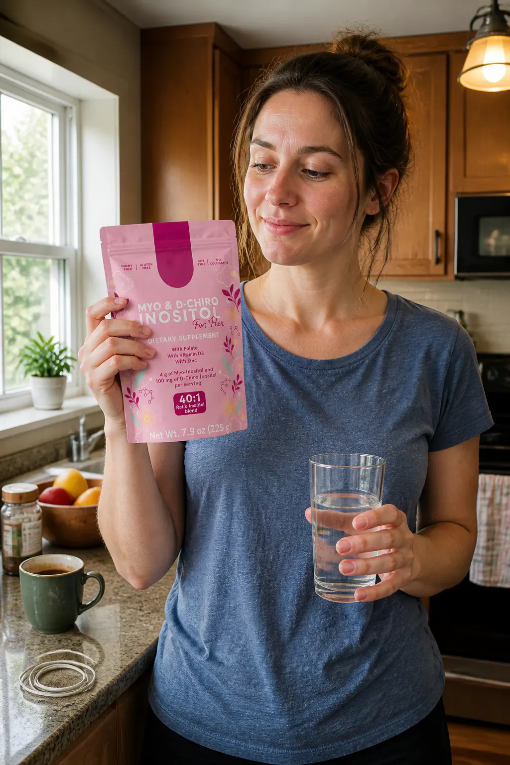Woman holding the CycleSync inositol pouch in a bright kitchen