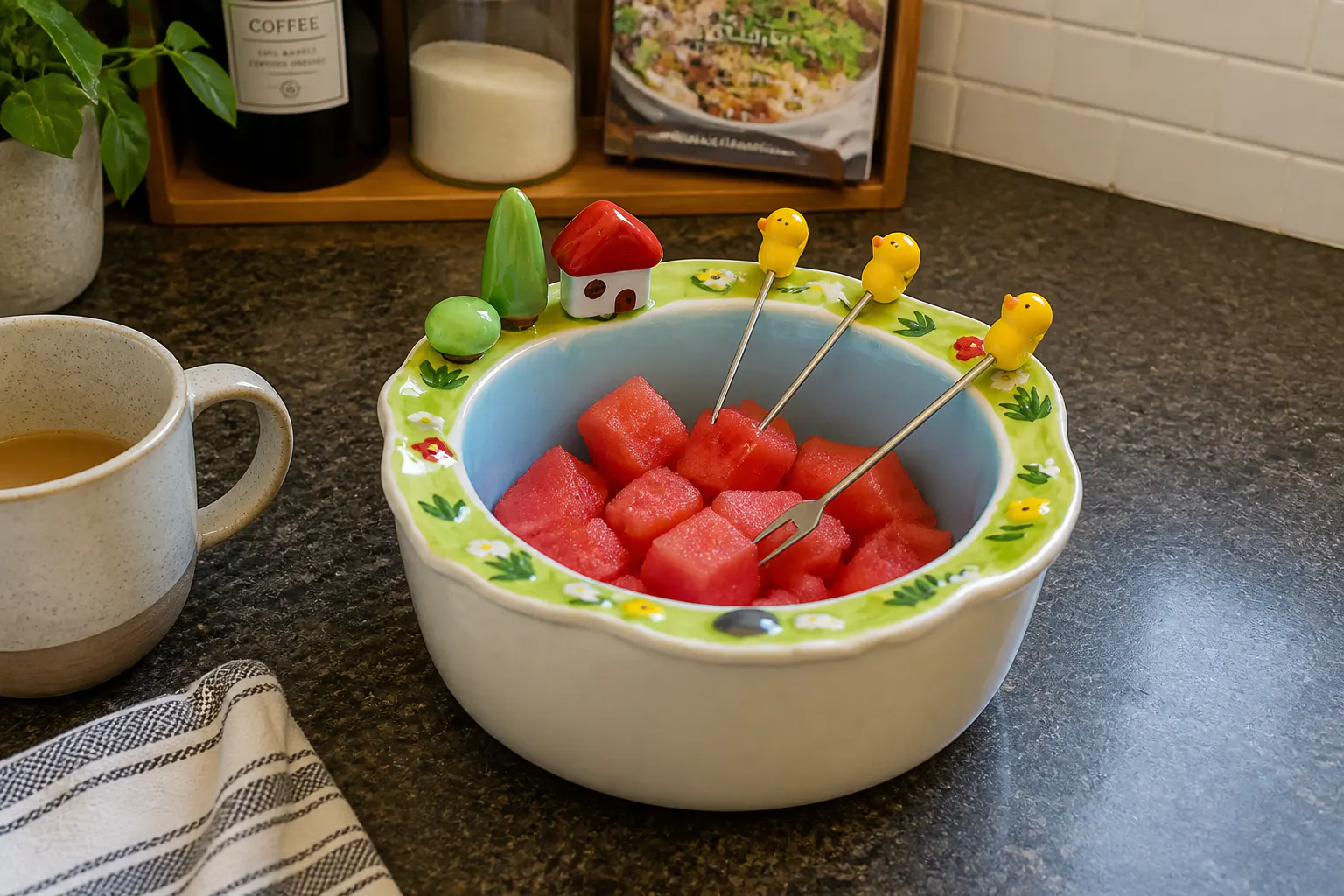 Close-up of the hand-painted 3D pond scene rim with yellow ducks, red-roofed house and green trees