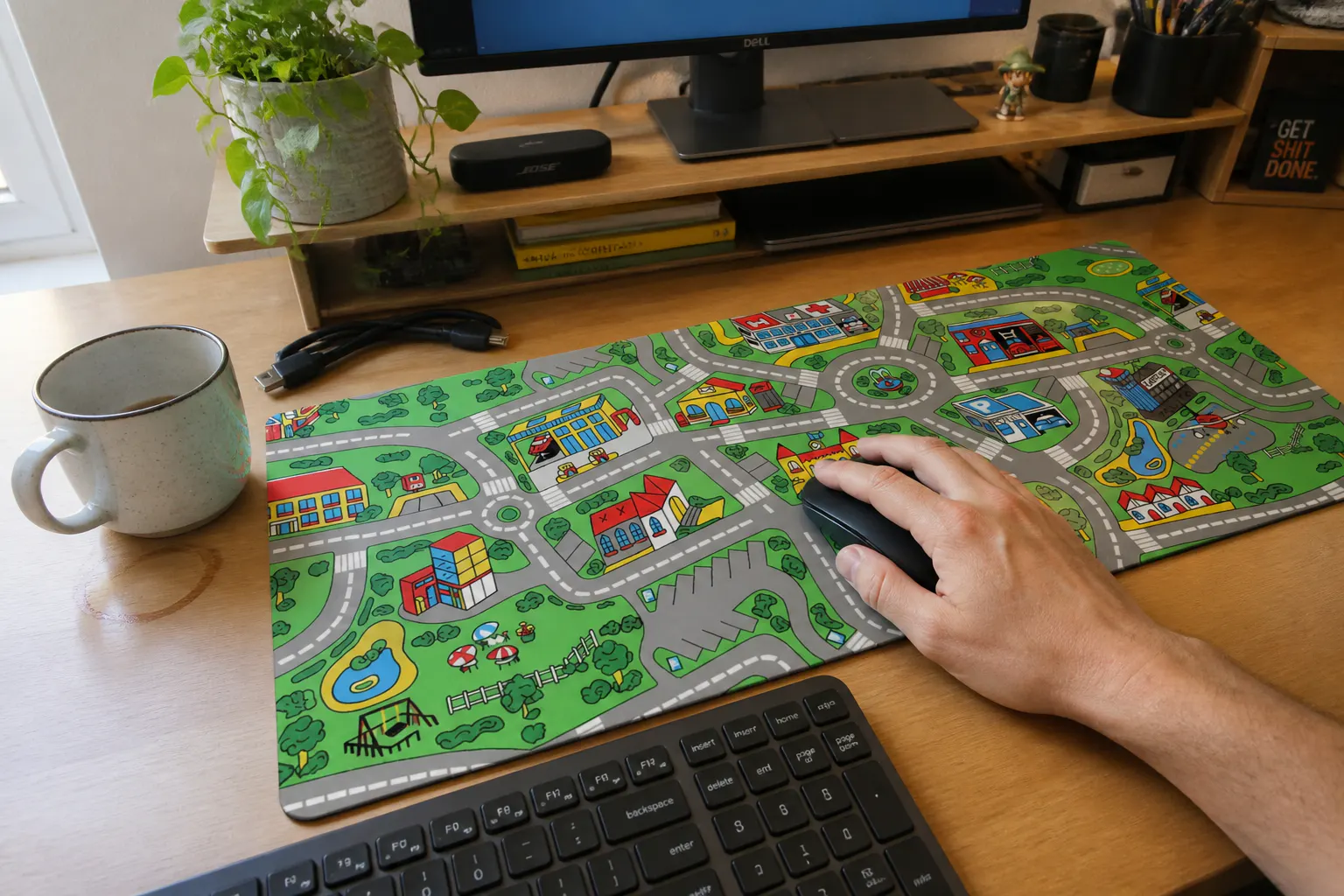 Nostalgic road-rug desk mat on a real desk with a mouse mid-glide across the tiny streets