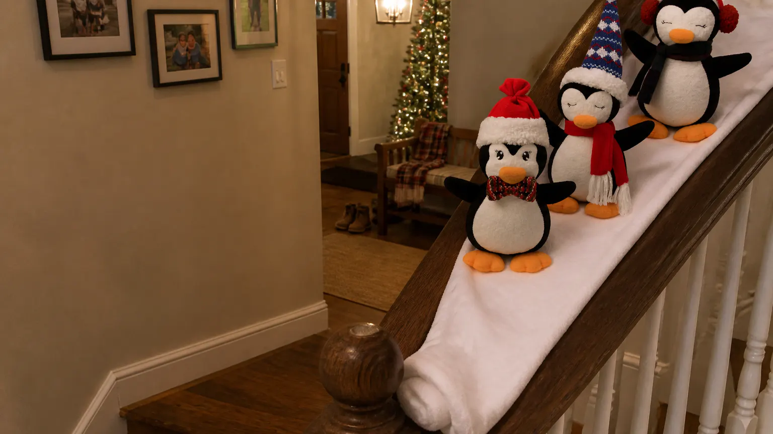 Plush penguins on a snow slide draped over a wooden staircase banister