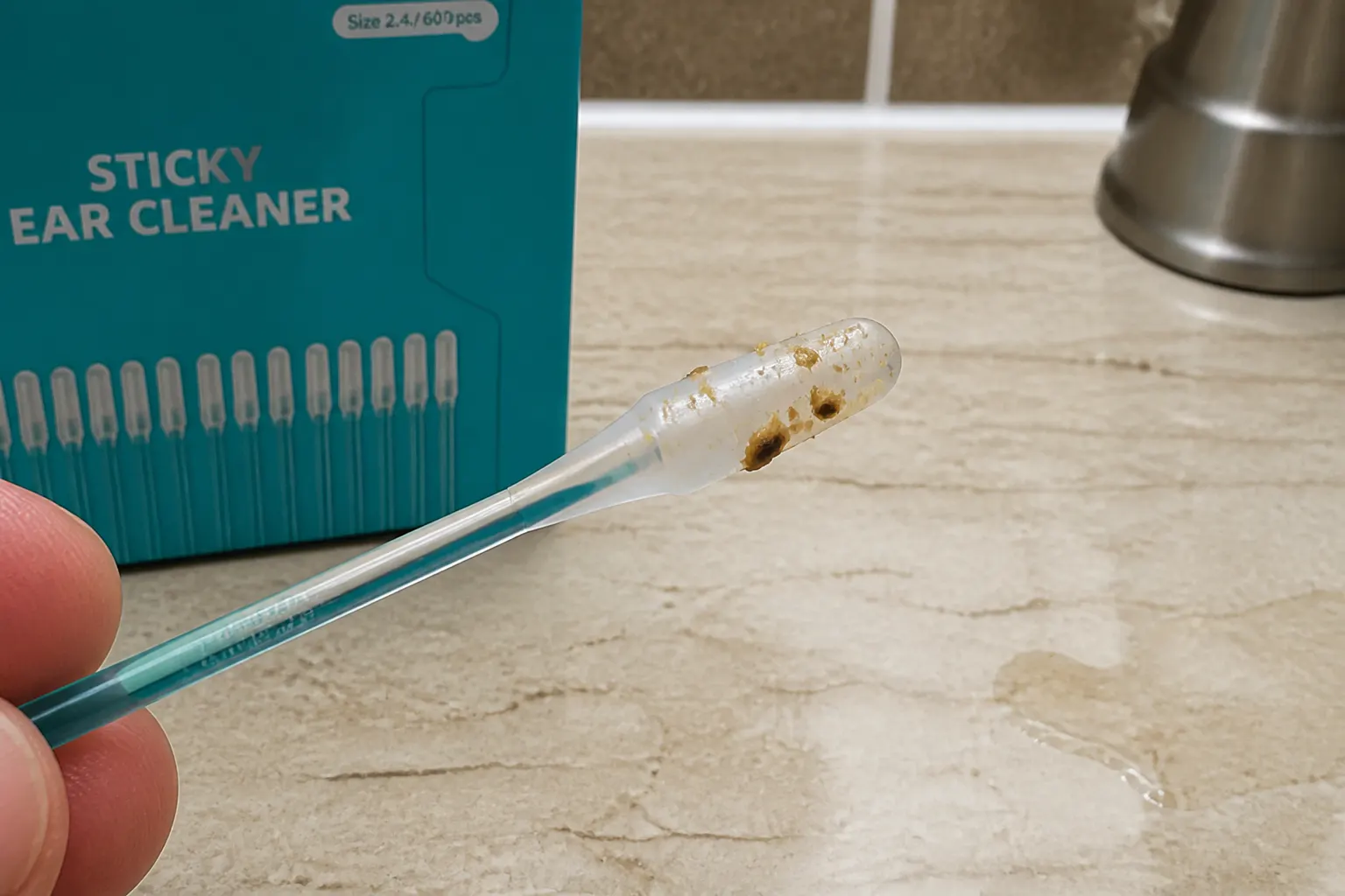 Extreme close-up of earwax stuck to the soft silicone tip