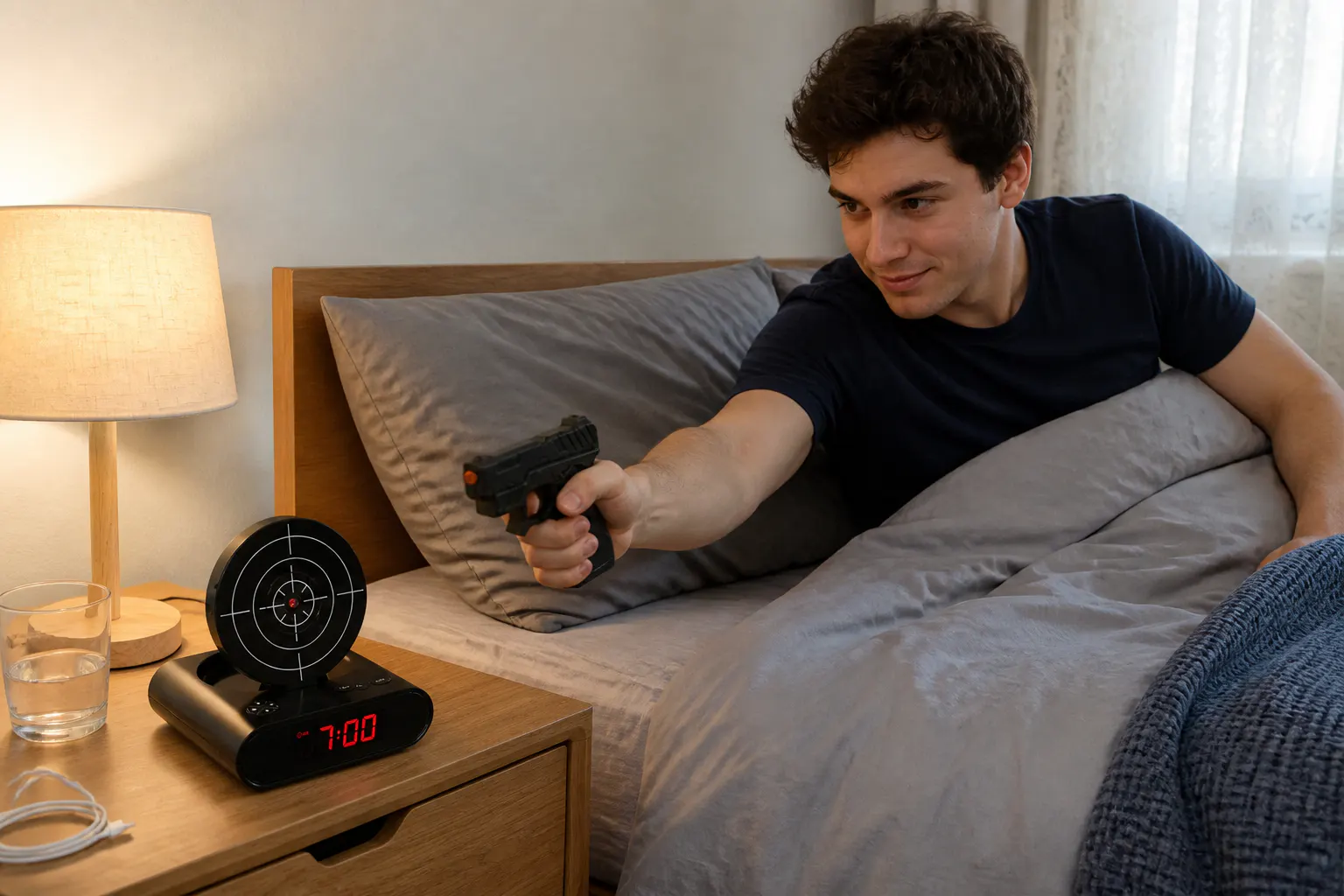 A chronic snoozer reaching for the gun instead of a phone