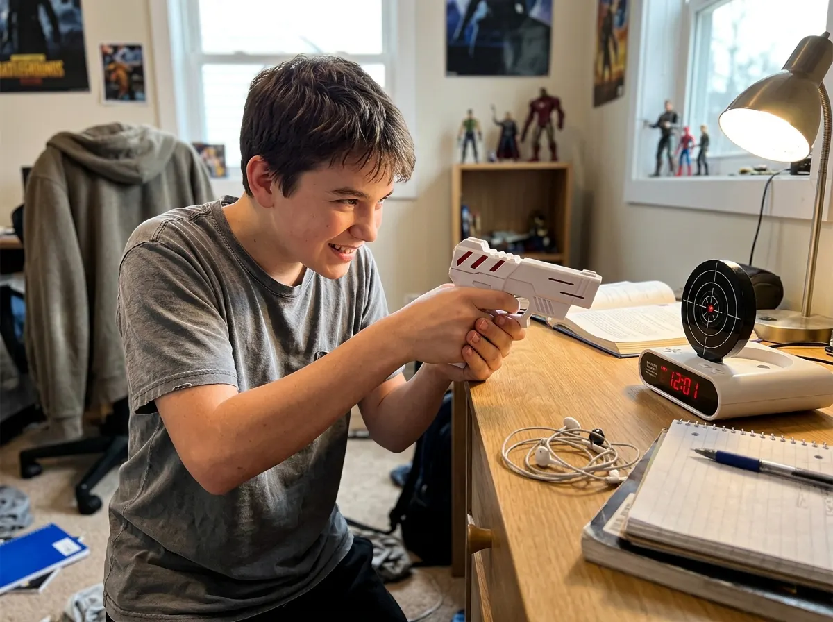 A teenager jumping up to shoot the alarm on a school morning