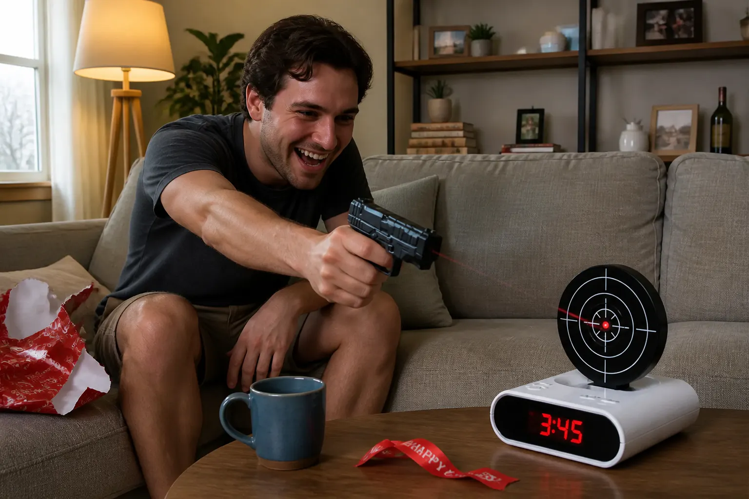 A gift recipient laughing while shooting the alarm awake