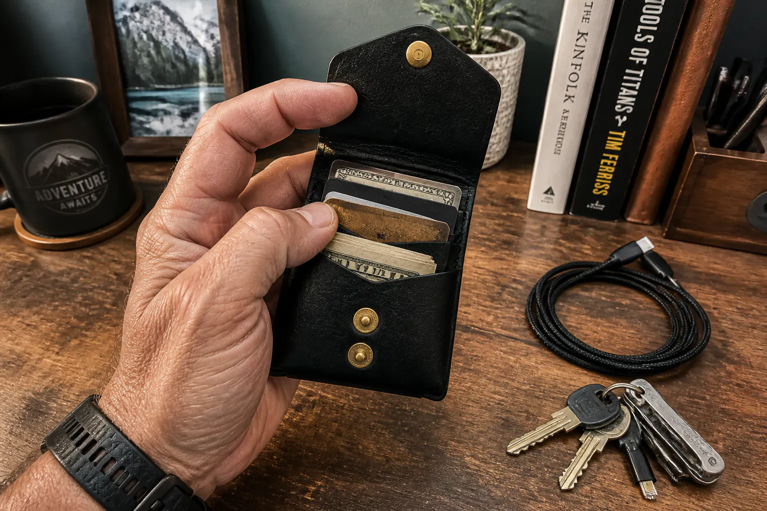 Wallet interior loaded with cash, cards, and a pen