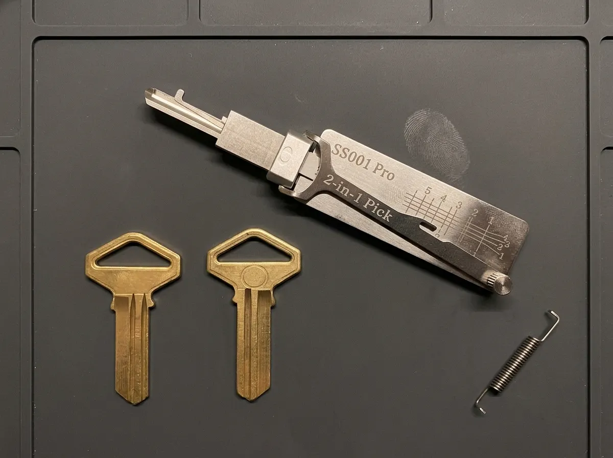 The 2-in-1 pick and decoder tool laid out with a set of brass key blanks