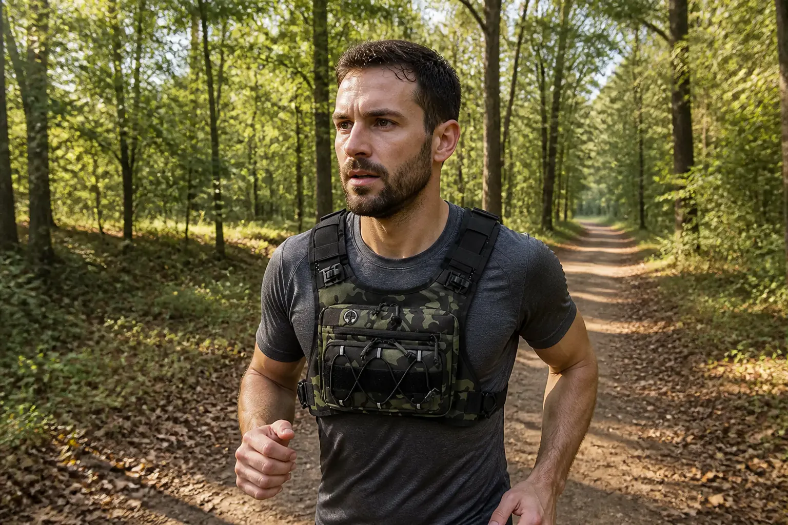 Runner wearing the RunVest chest pack, load riding high and centered