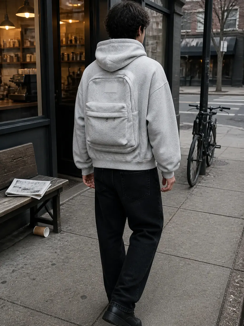 Oversized grey fleece hoodie shown from the front and from behind